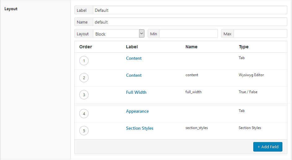Flexible Content field with a layout named “Default”